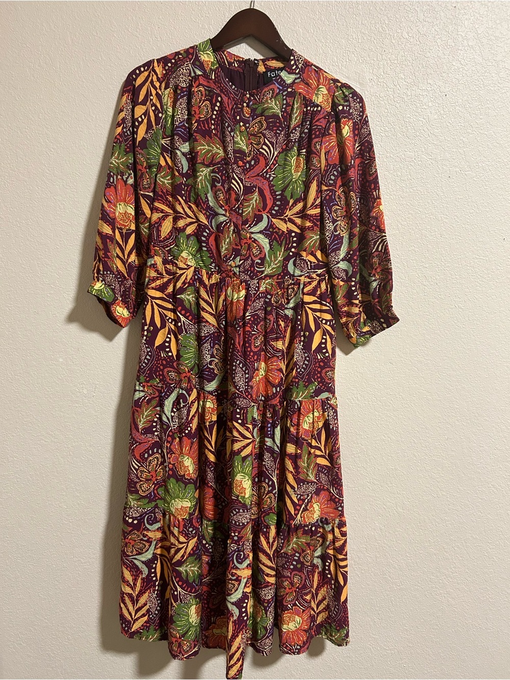 Fate Floral Midi Dress in Burgundy, Green and Orange